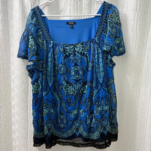 Apt 9 Tops - Apt 9 Blue Teal Paisley Print Square Neck Short Sleeve Blouse Top Women Size 1X‎